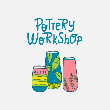 Çömlek atölyesi. El yapımı seramik ve kil ürünler üretiliyor. El çizimi illüstrasyon. 