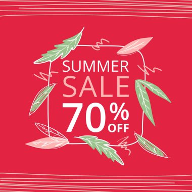 Kırmızı arka plan üzerinde indirim teklifi ile el çizilmiş şablon afiş. Mevsimlik izin için tasarım. Vektör çizimi. 