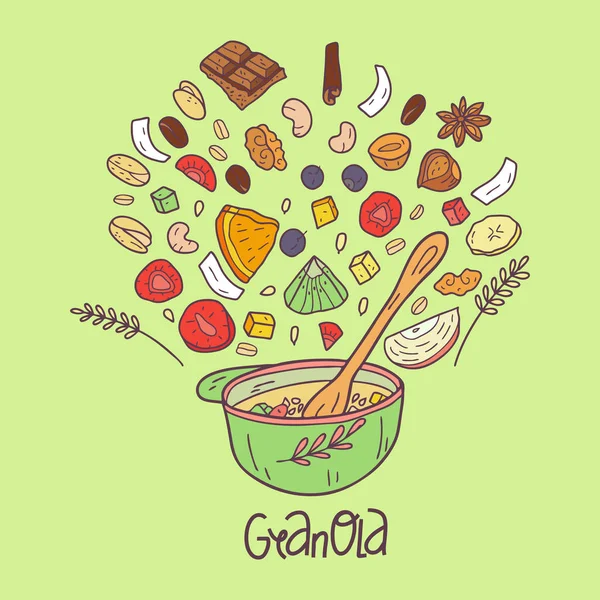 Granola fait maison. Petit déjeuner sain. Illustration vectorielle dessinée main . — Image vectorielle