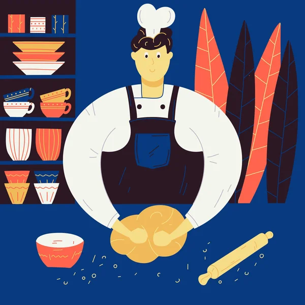 El chef amasa la masa. Ilustración conceptual del negocio de los restaurantes. La ilustración es perfecta para el blog de cocina, libro de cocina y revistas . — Archivo Imágenes Vectoriales