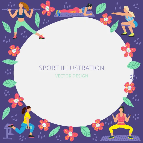 Frontera con chicas en ropa deportiva y flores. Entrenamiento, entrenamiento dibujado a mano ilustración plana. Estilo de vida saludable vector color dibujo pack . — Archivo Imágenes Vectoriales