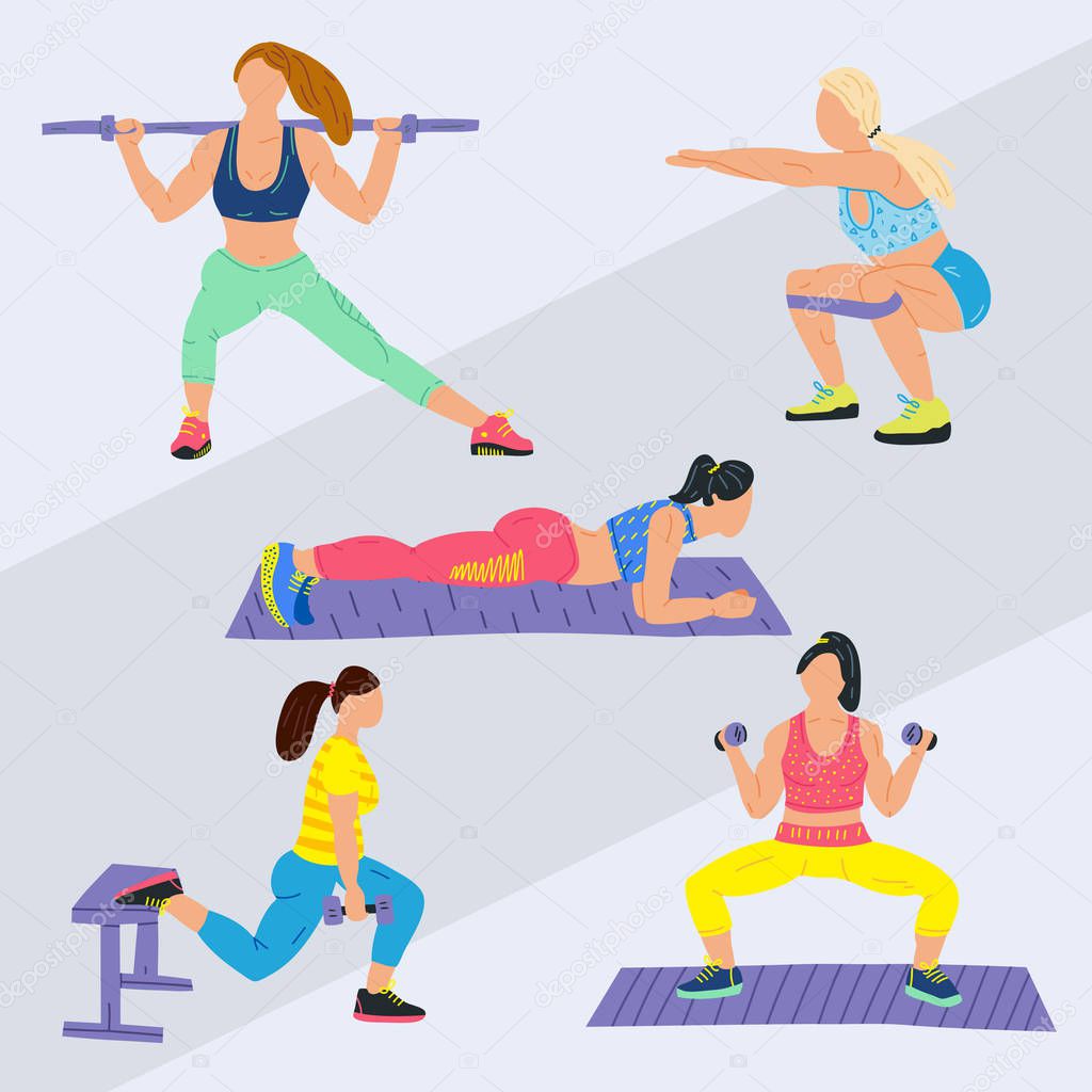 Workout, training hand drawn flat illustration set. People in sportswear doing exercises cartoon characters. Healthy lifestyle vector color drawing pack. 