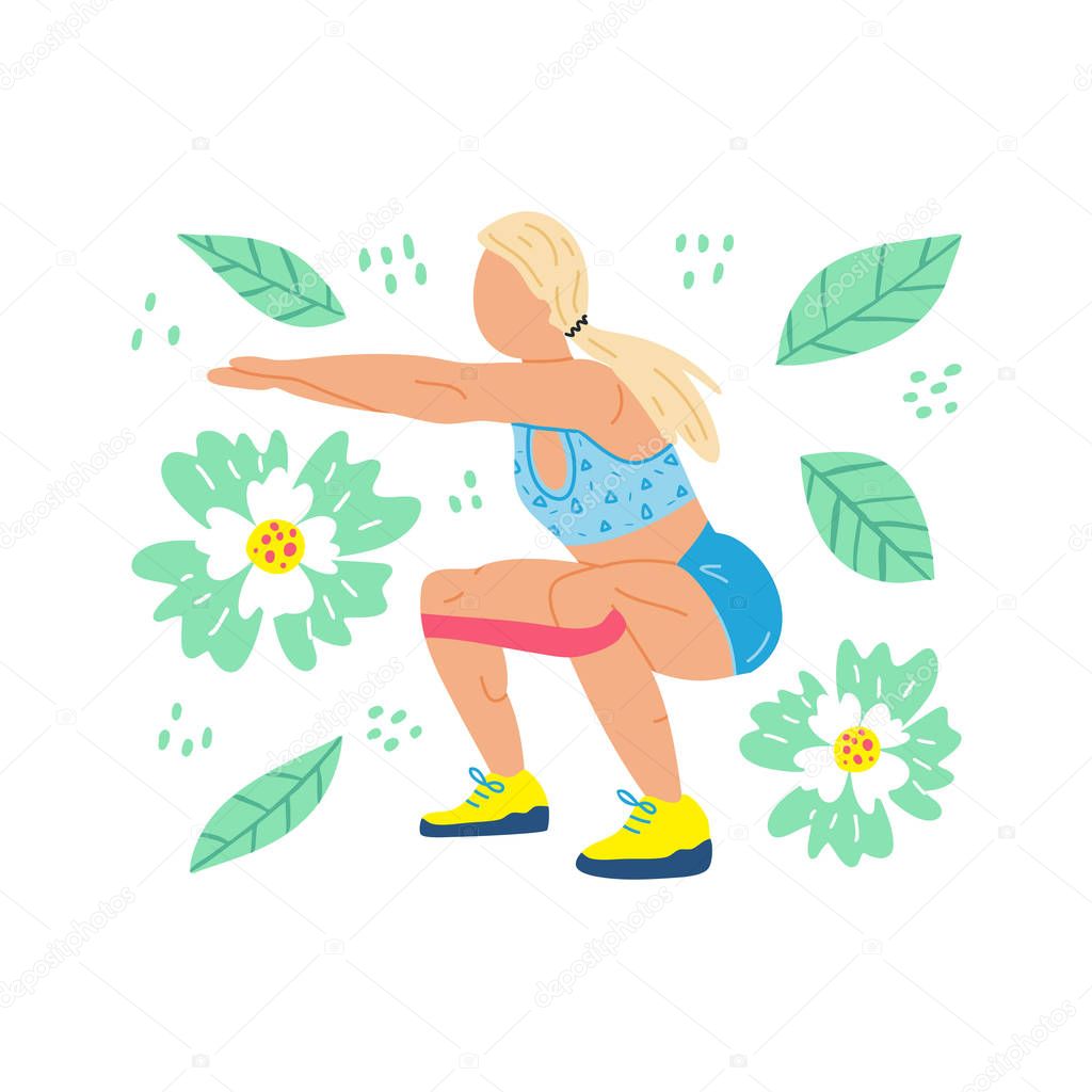 Girl in sports clothes doing. Workout, training hand drawn flat illustration. 