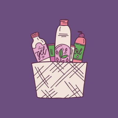 Şişeler, kavanozlar, cilt için tüpler doğal organik kozmetik ürünleri ayarlayın. Cilt bakımı. El yapımı kozmetikler. Elle çizilmiş spa ve aromaterapi elemanları. Çizgi film tarzı. Vektör çizimi.