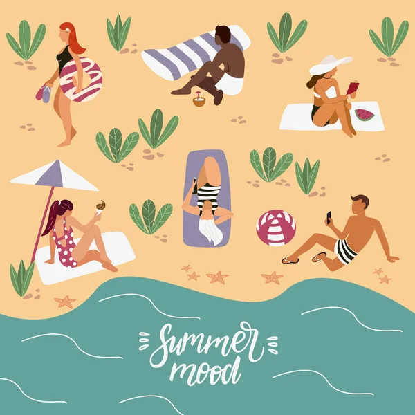 Persone sulla spiaggia: prendere il sole, leggere libri, parlare, camminare. Illustrazione dei cartoni animati estivi vettoriali . — Vettoriale Stock