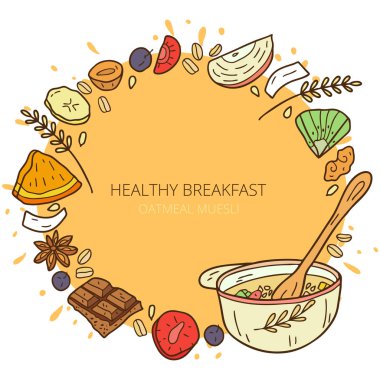 Sağlıklı yulaf ezmesi müsli bir çerçeve ile Vektör şablonu. Kahvaltı organik atıştırmalık için sağlıklı granola gıda. Yulaf ezmesi müsli karikatür vektör kroki. 