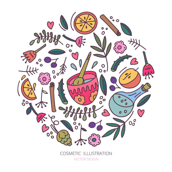Органические косметические иллюстрации. Домашняя косметика. Элементы спа и ароматерапии ручной работы. Мультфильм-векторный эскиз натуральной косметики
.