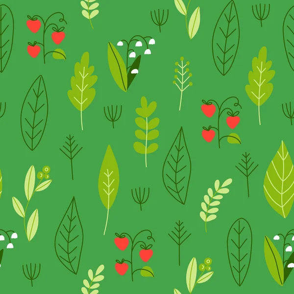 Bezszwowy wzór z liści leśnych, jagód i kwiatów. Świetnie nadaje się do tekstur z życzeniami, tkanin i wzorów papieru do pakowania. Ilustracja kreskówka wektor. — Wektor stockowy