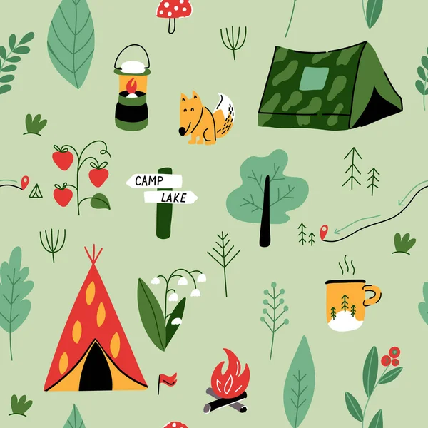 キャンプシームレスなパターン 手描きのキャンプやハイキングの要素 包装紙 ポスター カードのパターンのように使用することができます ベクトル漫画イラスト — ストックベクタ