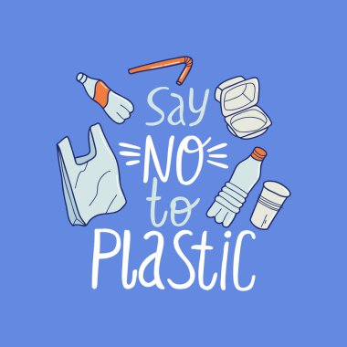 Plastiğe hayır de. Ekolojik illüstrasyon. Vektör karikatür illüstrasyon. 