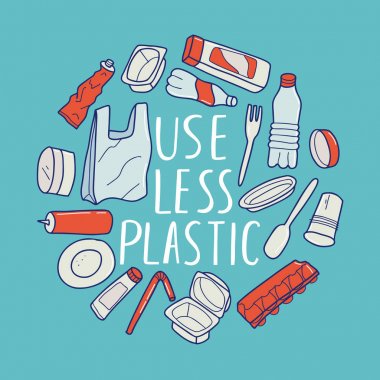 İşe yaramaz plastik. Ekolojik illüstrasyon. Sorun plastik kirliliği. Harfli vektör çizimi.