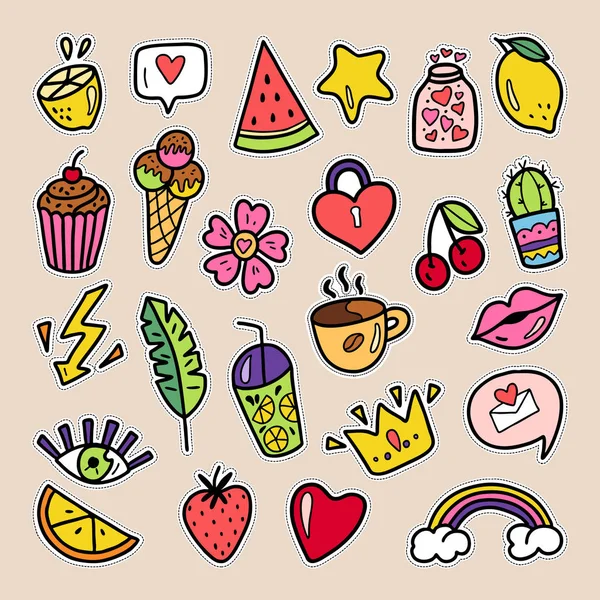 Set of summer patches cherry, strawberry, watermelon, lips, rose flower, rainbow, hearts etc. Isolated on white, for stickers, pins, badges, fashion embroidery, temporary tattoos. Hand-drawn illustration. — Stock Vector