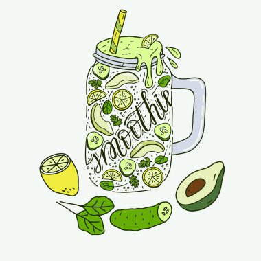 Pipetli cam şişede smoothie'ler. Avokado, salatalık ve limon ile taze meyve yüzlü. Sağlıklı yaşam tarzı. Renkli el çizilmiş illüstrasyon.