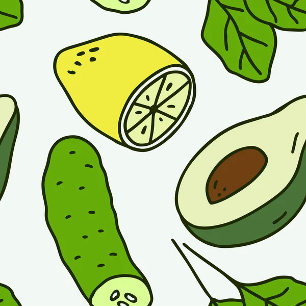 Seamless pattern with avocado, cucumber and lemon. Healthy lifestyle. Colorful hand drawn illustration. — Stock Vector