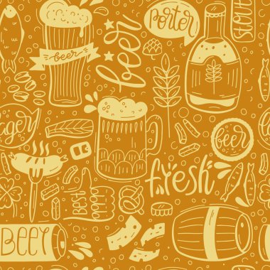 Seamless pattern with beer and hand-drawn lettering. Beer and Snack. Background for bar, pub, cafe, fest and party. Vector cartoon Illustration. clipart