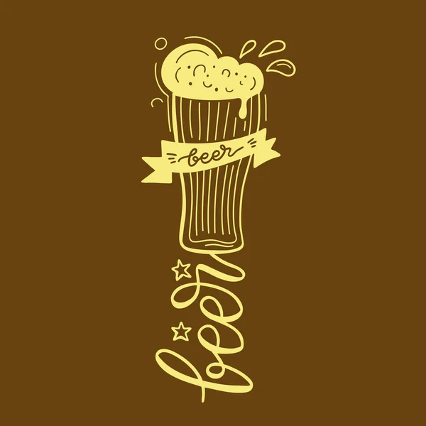 Fullt glas öl med skum och handritade bokstäver. Octoberfest plakat design. Affisch för bar, pub, café, Festival och fest. Vektor karikatyr illustration. — Stock vektor
