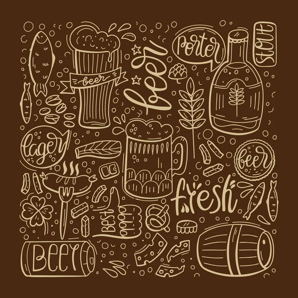 Illustrazione con birra e scritte disegnate a mano su sfondo scuro. Birra e snack. Sfondo per bar, pub, caffè, fest e festa. Illustrazione del fumetto vettoriale . — Vettoriale Stock