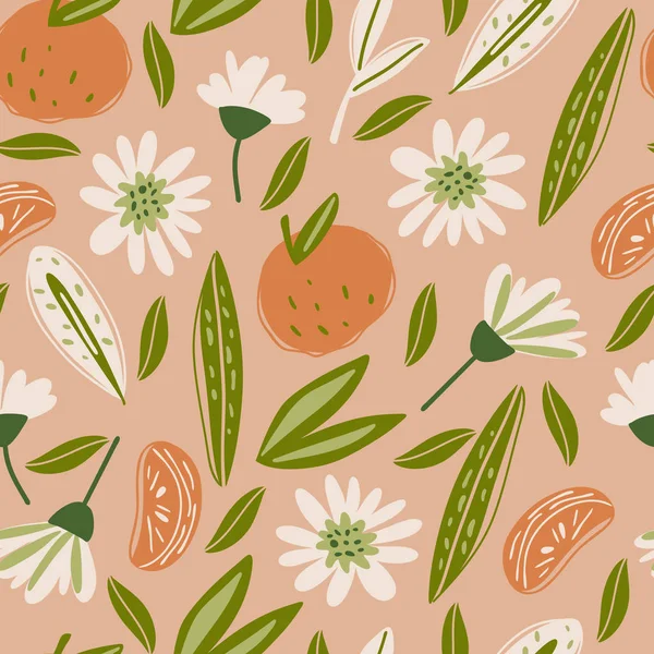 Mandarin seamless pattern. Floral art print. Floral design for wrapping paper, fabrics, covers and cards. Hand-drawn illustration. — Stock Vector