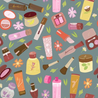 Kozmetik ve makyajsız desen. Kadın eşyaları, kız aksesuarları. Yüz, cilt bakım ürünleri. El çizimi illüstrasyon.