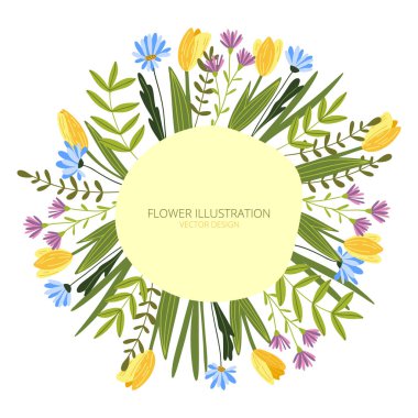 Vektör çiçekleri çerçevesi. Kartpostal, tebrik kartı tasarımı. Bahar geldi. El çizimi illüstrasyon.