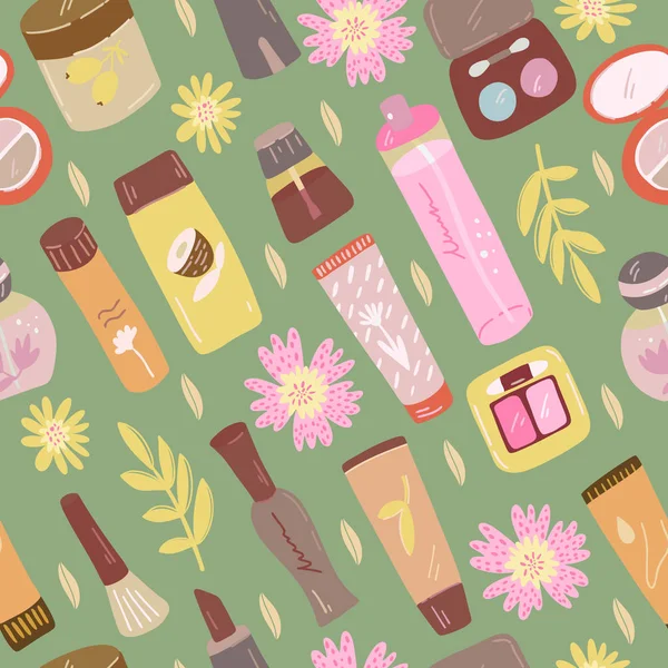 Cosmetic and makeup seamless pattern.  Woman stuff, girls accessories. Face, skin care products. Cartoon vector sketch of cosmetic. — ストックベクタ