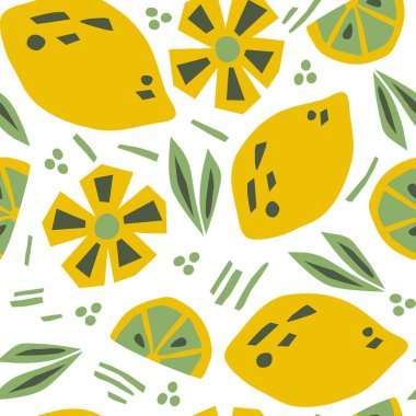 Limonlu kusursuz desen. Modern tekstil, tebrik kartı, poster, ambalaj kağıdı tasarımları. Vektör el çizimi illüstrasyon.