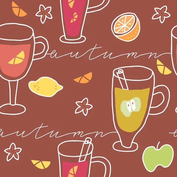 Naadloos patroon van warme dranken voor Kerstmis. Herfst- en wintervakantie. Handgetekende illustratie. — Stockvector