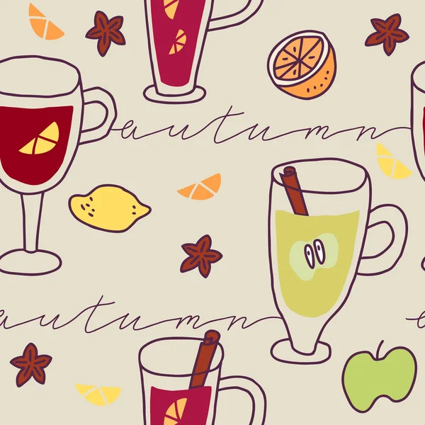 Bezproblémový vzor horkých nápojů na Vánoce. Podzimní a zimní prázdniny. Ručně kreslená ilustrace. — Stockový vektor