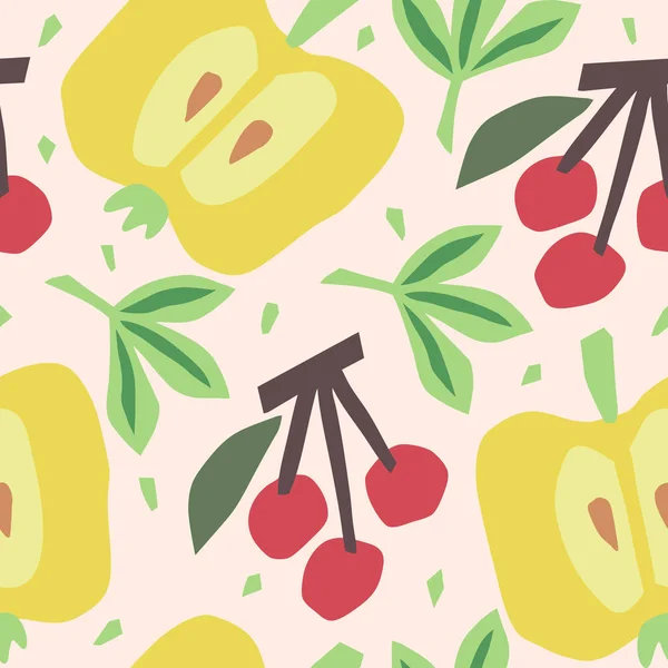 Nahtloses Muster mit Kirsche und Äpfeln. moderne Textilien, Grußkarten, Plakate, Packpapier-Designs. Handgezeichnete Illustration. — Stockvektor