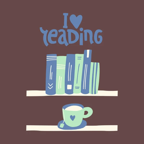 Love reading illustration. Shelf with books. School, library, study, education concept, bookstore. Hand-drawn cartoon illustration. — Stock vektor