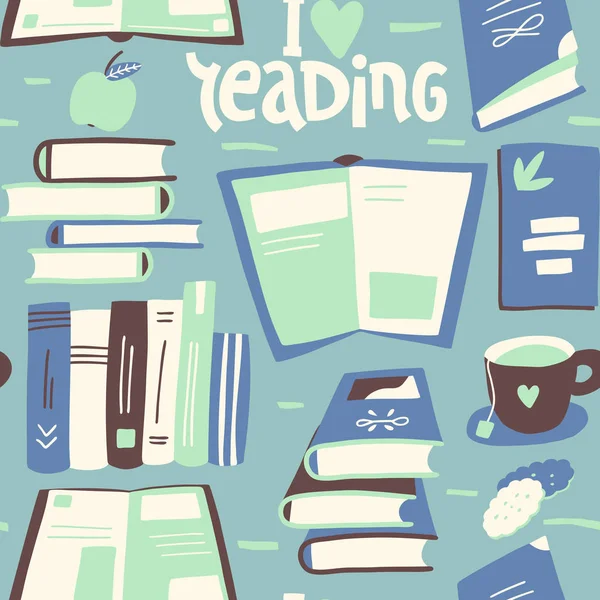 Kitaplarla güzel, pürüzsüz bir düzen. Tekstil ve kağıt için okuma dokusunu seviyorum. Okul, kütüphane, eğitim, eğitim konsepti, kitapçı. El çizimi karikatür çizimi. — Stok Vektör