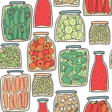 Seamless pattern with collection of glass jars with homemade canning. Autumn marinate food. Healthy meal set. Hand-drawn cartoon illustration.