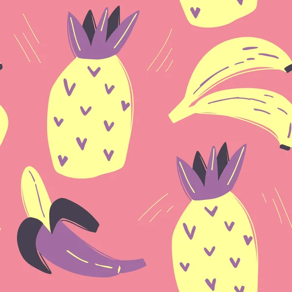 Bezešvé vzory s ananasem a banány. Moderní textil, dětské tapety, obalový papír. Ručně kreslená ilustrace. — Stockový vektor