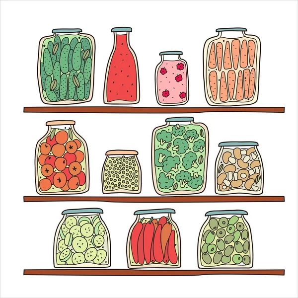 Set Gläser mit hausgemachtem Konservengemüse. Herbst marinieren Lebensmittel. gesunde Mahlzeit-Set. Handgezeichnete Cartoon-Illustration. — Stockvektor