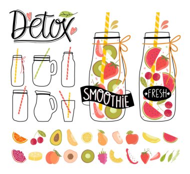 Yaz meyveli içecek tarifleri üretmek için tasarım elementleri içeren detoks şablonu. Meyve suyu zamanı. El çizimi illüstrasyon