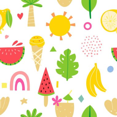 Renkli, pürüzsüz desen. Özet set: yaz, dekoratif soyut elementler, meyveler, gökkuşakları ve yaz sembolleriyle. El çizimi illüstrasyon.