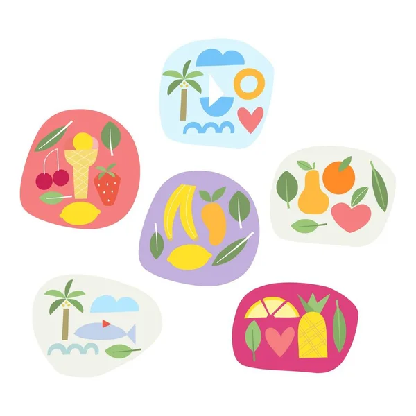 Colección Abstracta Colorida Verano Con Elementos Abstractos Decorativos Frutas Símbolos — Vector de stock