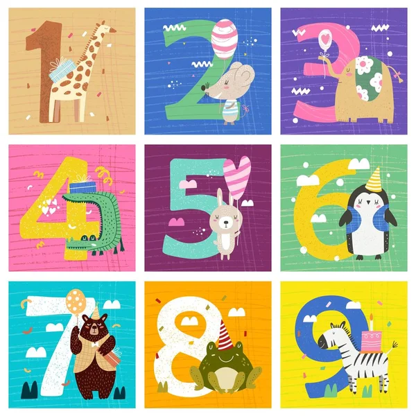 Γενέθλια Αριθμούς Επέτειο Χαριτωμένα Ζώα Γενέθλια Πρότυπο Πρόσκληση Κόμμα Κάρτα — Διανυσματικό Αρχείο