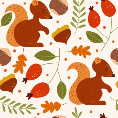 Sonbahar ormanı sincapla kusursuz desen. Modern sonbahar sezonluk dekoru. Ambalaj kağıdı, kumaş, kapak ve kartlar için çiçek tasarımı. 