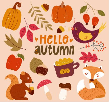 Sonbahar el çizimi vektör çizimleri koleksiyonu. Çiçekli sonbahar zirvesi. Çocuk tasarımı. Beyaz arkaplandaki izole nesneler. El çizimi vektör illüstrasyonu. 