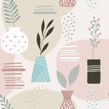 Kusursuz botanik deseni. Soyut sanat baskısı. Tarafsız modern grafikler, basit şekiller ve yapraklar. Pastel renklerde vektör illüstrasyonu.
