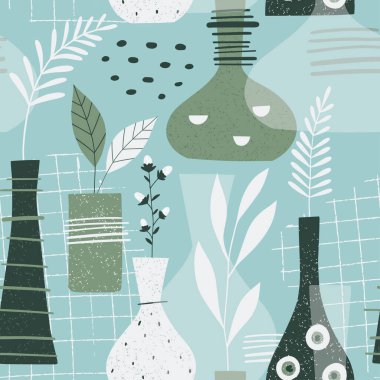Kusursuz botanik deseni. Soyut sanat baskısı. Tarafsız modern grafikler, basit şekiller ve yapraklar. Vektör illüstrasyonu.