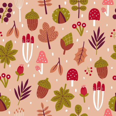 Sonbahar pürüzsüz desen. Modern sonbahar sezonluk dekoru. Ambalaj kağıdı, kumaş, kapak ve kartlar için çiçek tasarımı. Vektör illüstrasyonu.