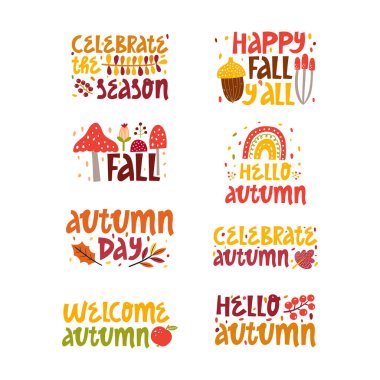 Sonbahar yazı koleksiyonu beyaz arkaplanda izole edildi. Sonbahar el çizimi harf vektör kümesi. Vektör çizgi film illüstrasyonu.