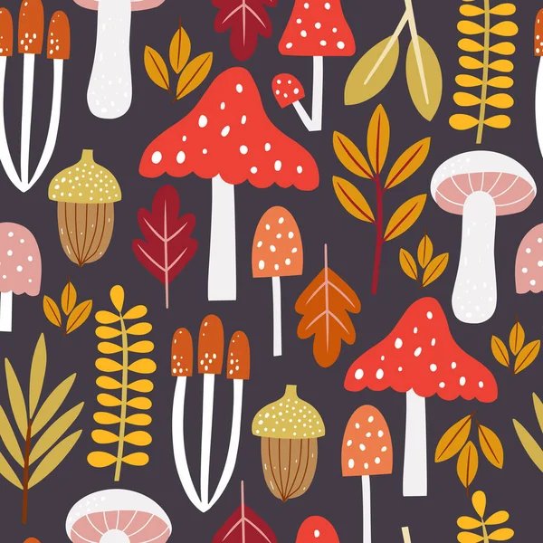 Autumn Seamless Pattern Mushrooms Leaves Modern Fall Seasonal Decor Floral — Stock Vector
