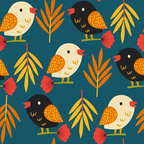 Осенний Бесшовный Рисунок Осенний Рисунок Птицами Современный Осенний Декор Ботанический — стоковый вектор