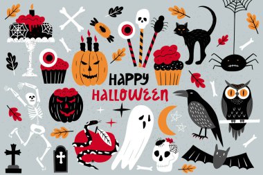 Cadılar Bayramı koleksiyonu. Ölüler Günü veya Cadılar Bayramı için vektör bayramı illüstrasyonu