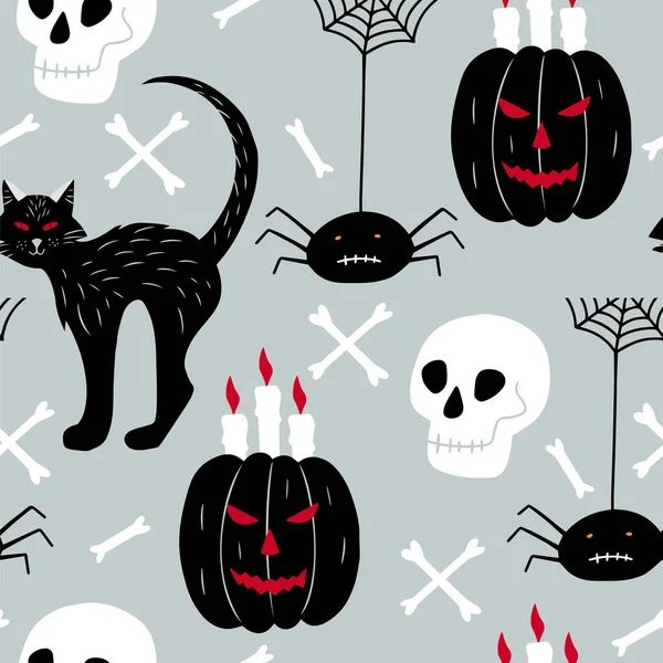 Halloween Hladký Vzor Dýněmi Pavouky Lebkou Černou Kočkou Vektorová Ilustrace — Stockový vektor