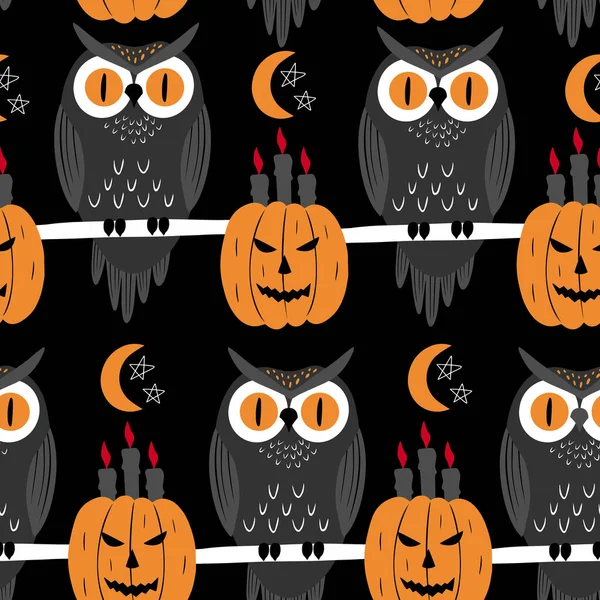 カボチャとフクロウとハロウィーンのシームレスなパターン 死者やハロウィンの日のためのベクトル休日のイラスト — ストックベクタ