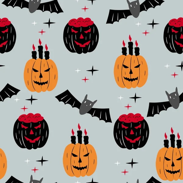 Halloween Sem Costura Padrão Com Abóboras Morcegos Ilustração Férias Vetor — Vetor de Stock